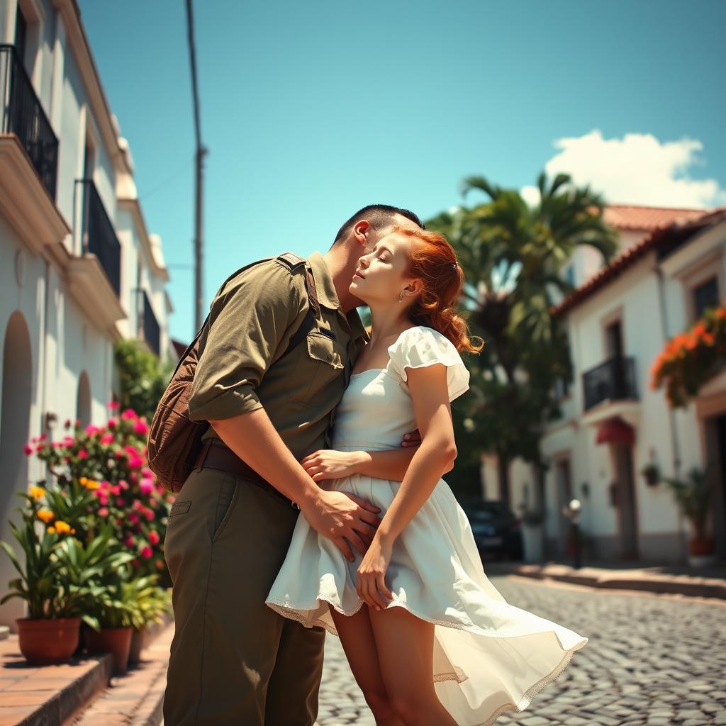 A tall Brazilian military young man kissing a young redhead girl on the lips, who is wearing a short, flowing white dress