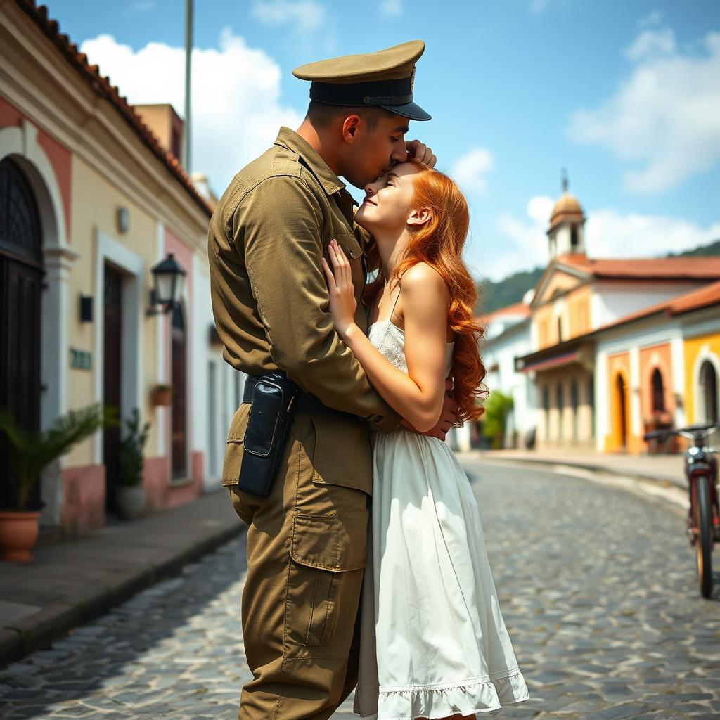 A tall, strong young Brazilian soldier passionately kissing a young red-haired girl wearing a short white dress from the 1940s