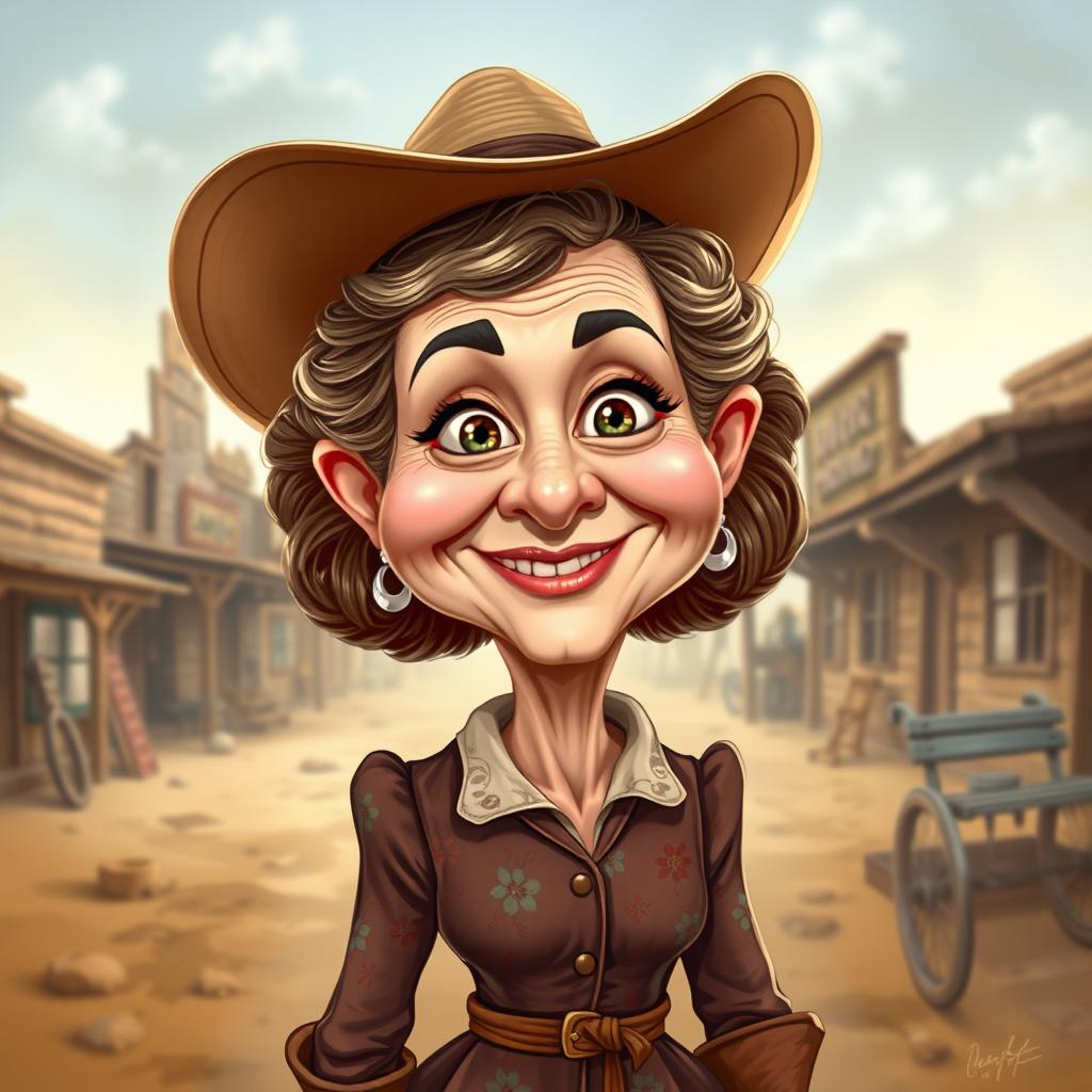 A vibrant caricature of Rose Dunn, featuring her with exaggerated facial features such as big, expressive eyes and a confident smile
