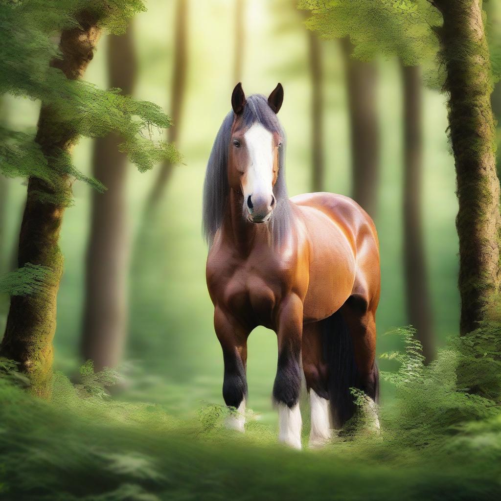 A majestic Clydesdale horse with a shiny unicorn horn coming out of its forehead, standing in a serene forest filled with lush, green foliage.