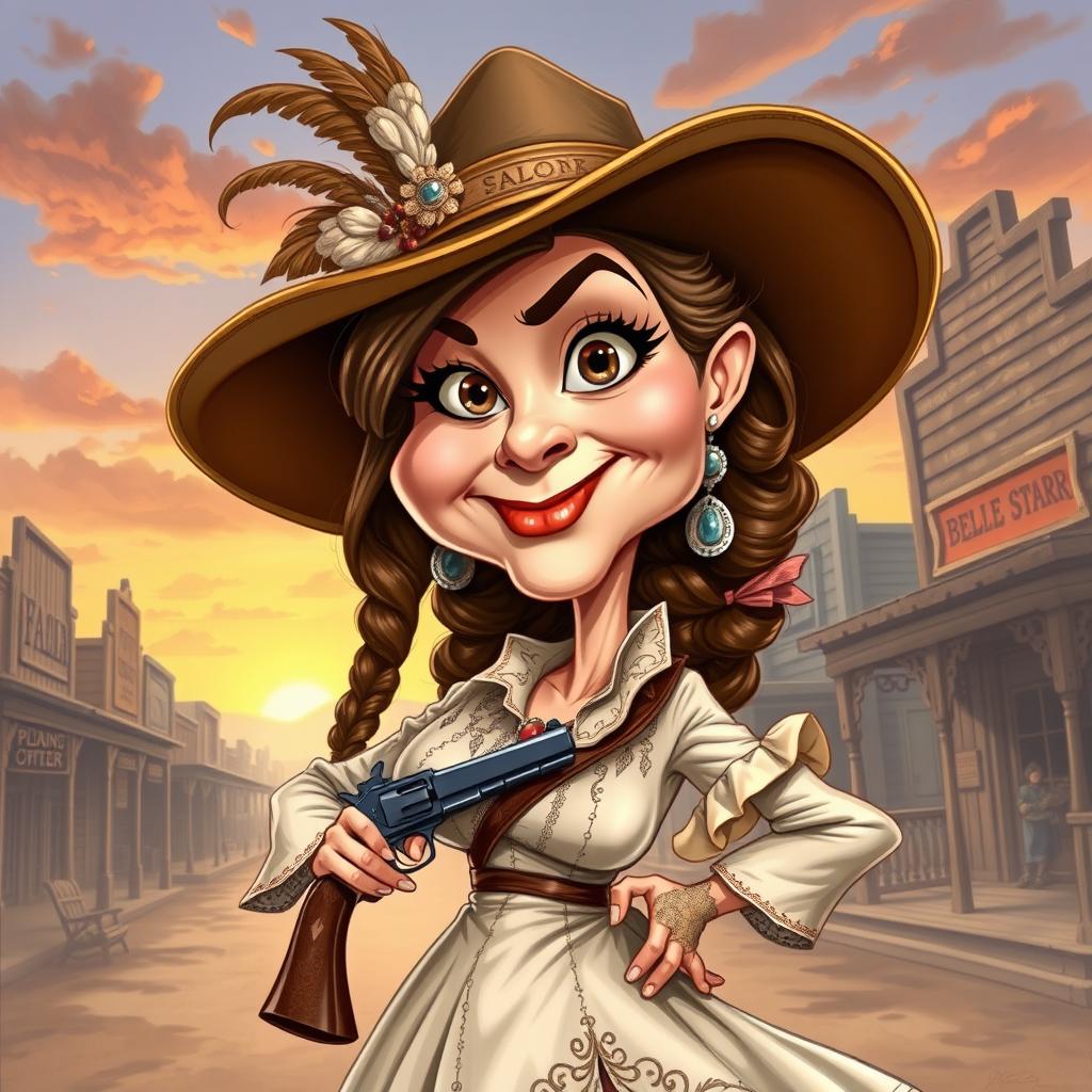 A dynamic caricature of Belle Starr, showcasing her as a bold and fearless female outlaw from the Wild West era