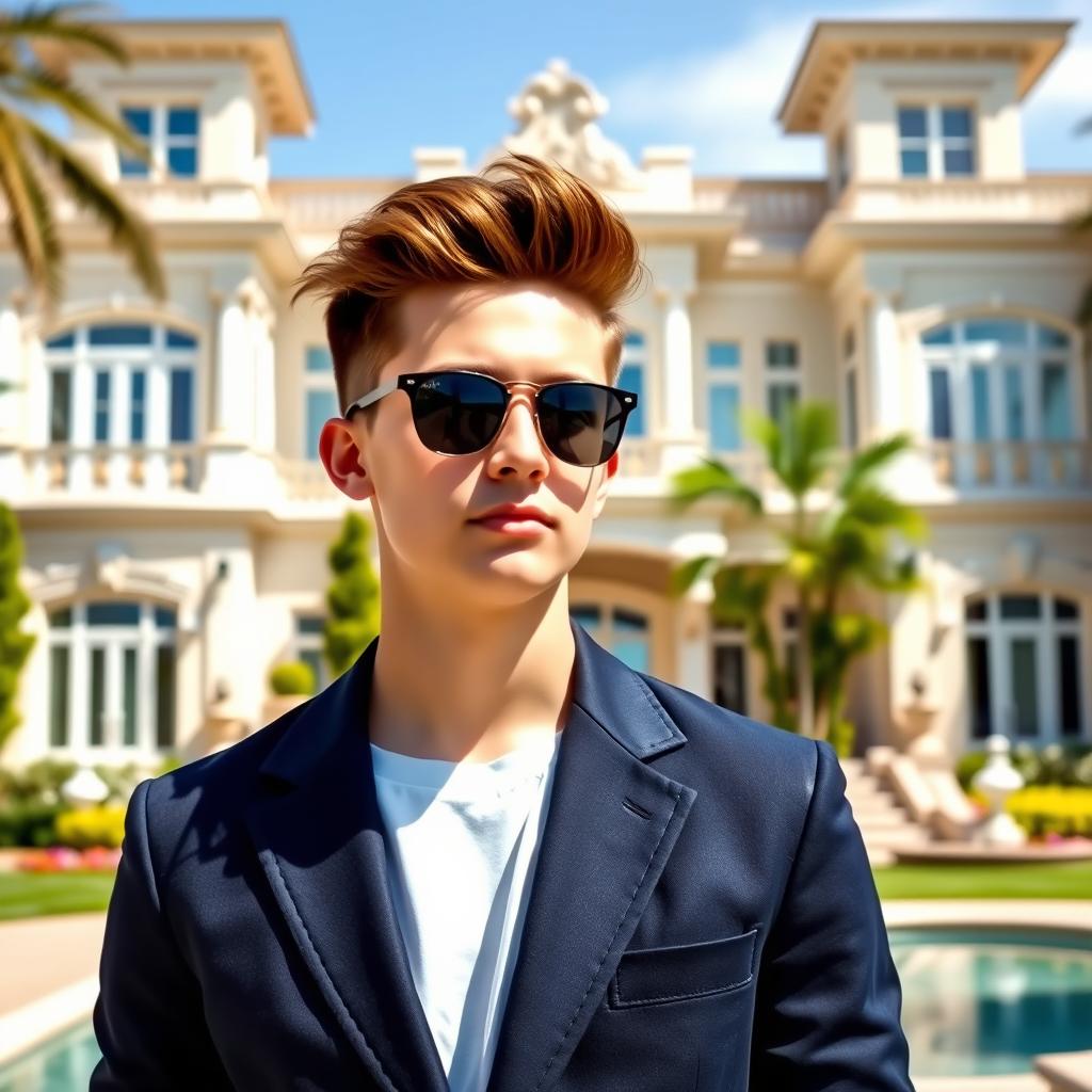 An 18-year-old American male with stylish brown hair, wearing a tailored navy blue blazer and trendy sunglasses