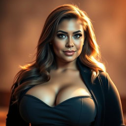 A stunning portrait of a voluptuous woman with a large bust, featuring a confident expression and captivating eyes