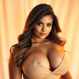 A stunning portrait of a voluptuous woman with a large bust, featuring a confident expression and captivating eyes