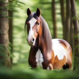 A majestic Clydesdale horse with a shiny unicorn horn coming out of its forehead, standing in a serene forest filled with lush, green foliage.