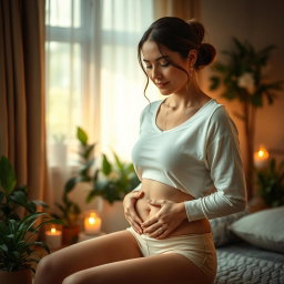 A serene and tasteful depiction of a woman in a tranquil setting, practicing self-care with a focus on relaxation and mindfulness