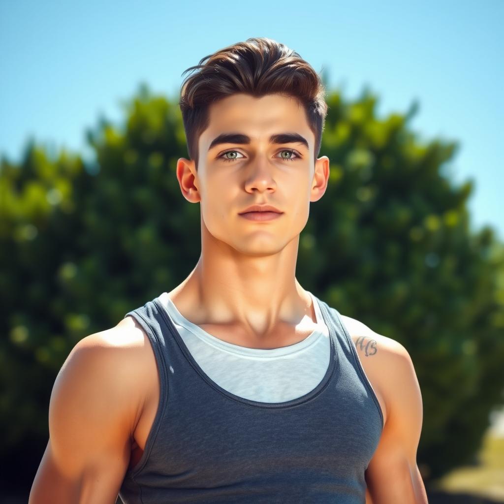 A toned young adult male with dark hair and striking green eyes, exuding confidence and vitality