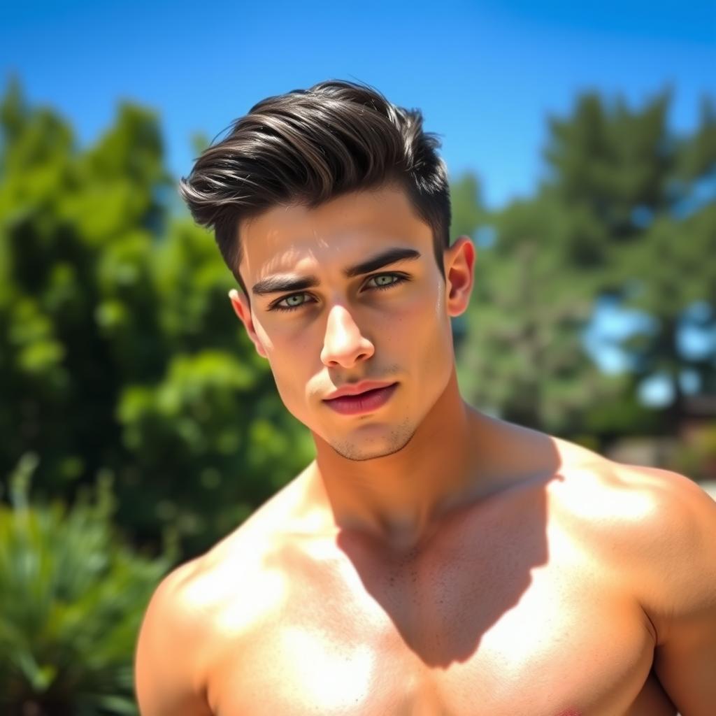 A toned young adult male with dark hair and striking green eyes, confidently posing without a shirt, showcasing his athletic physique