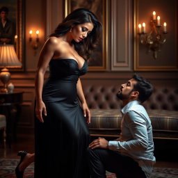 An artistic portrayal of a beautiful woman with prominent features, including voluptuous curves and expressive facial features, standing confidently while looking down at a kneeling man