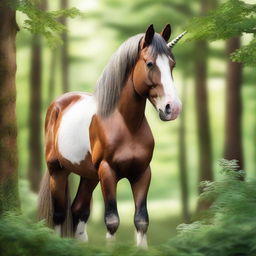 A majestic Clydesdale horse with a shiny unicorn horn coming out of its forehead, standing in a serene forest filled with lush, green foliage.