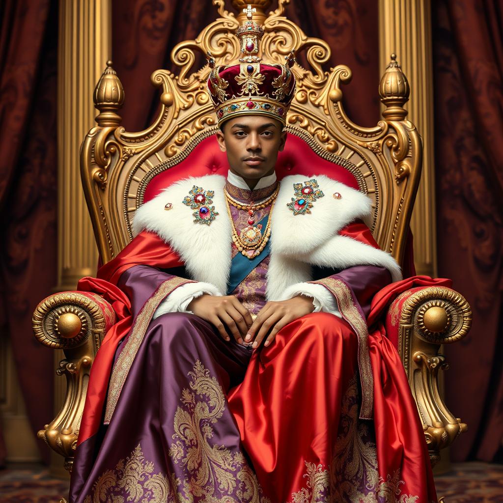 An individual sitting majestically on a grand royal throne, adorned in luxurious royal robes that flow elegantly from their shoulders, rich in detail and vibrant colors