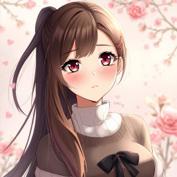 An artistic representation of an 18-year-old anime girl with a mature and confident expression, set in a romantic and serene environment