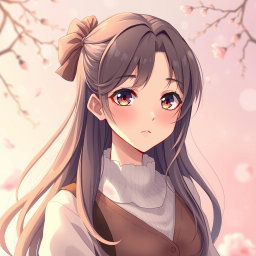 An artistic representation of an 18-year-old anime girl with a mature and confident expression, set in a romantic and serene environment