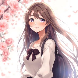 An artistic representation of an 18-year-old anime girl with a mature and confident expression, set in a romantic and serene environment