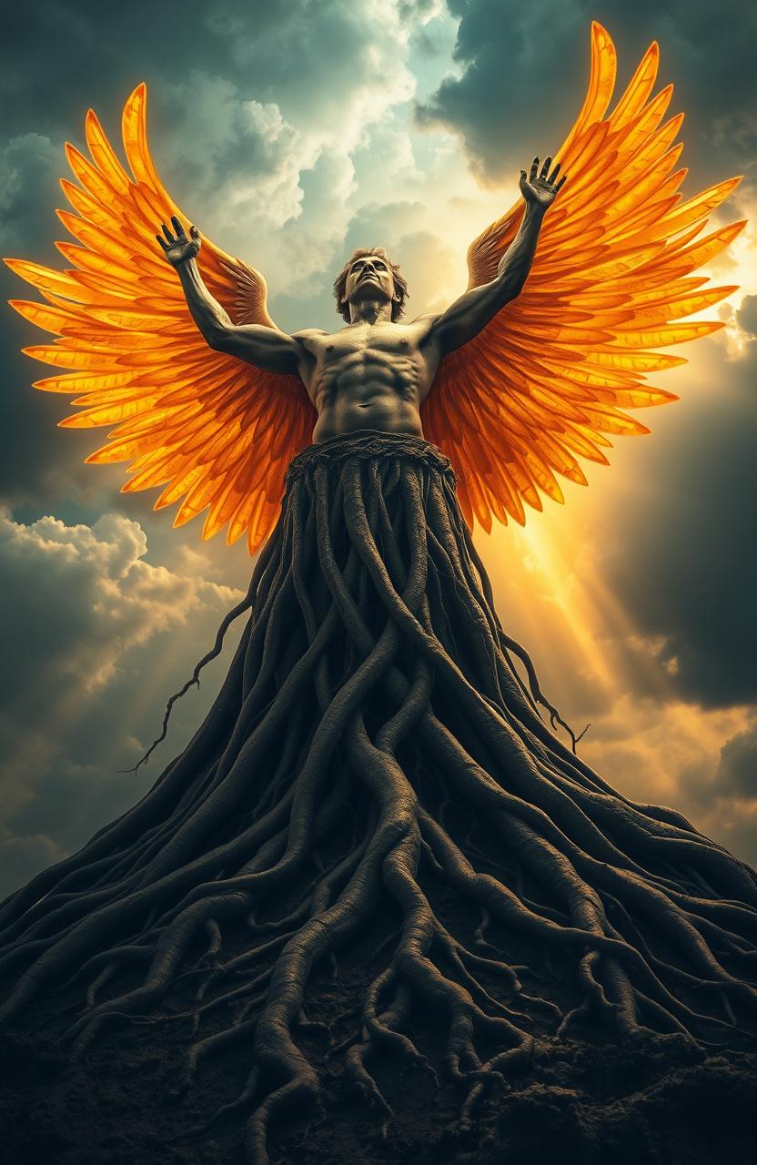 A surreal artwork depicting a man with glowing golden wings taking off from a massive tree root system