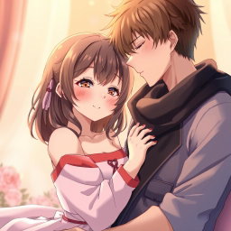 An artistic depiction of an intimate moment between an anime girl and a young man, set in a romantic atmosphere