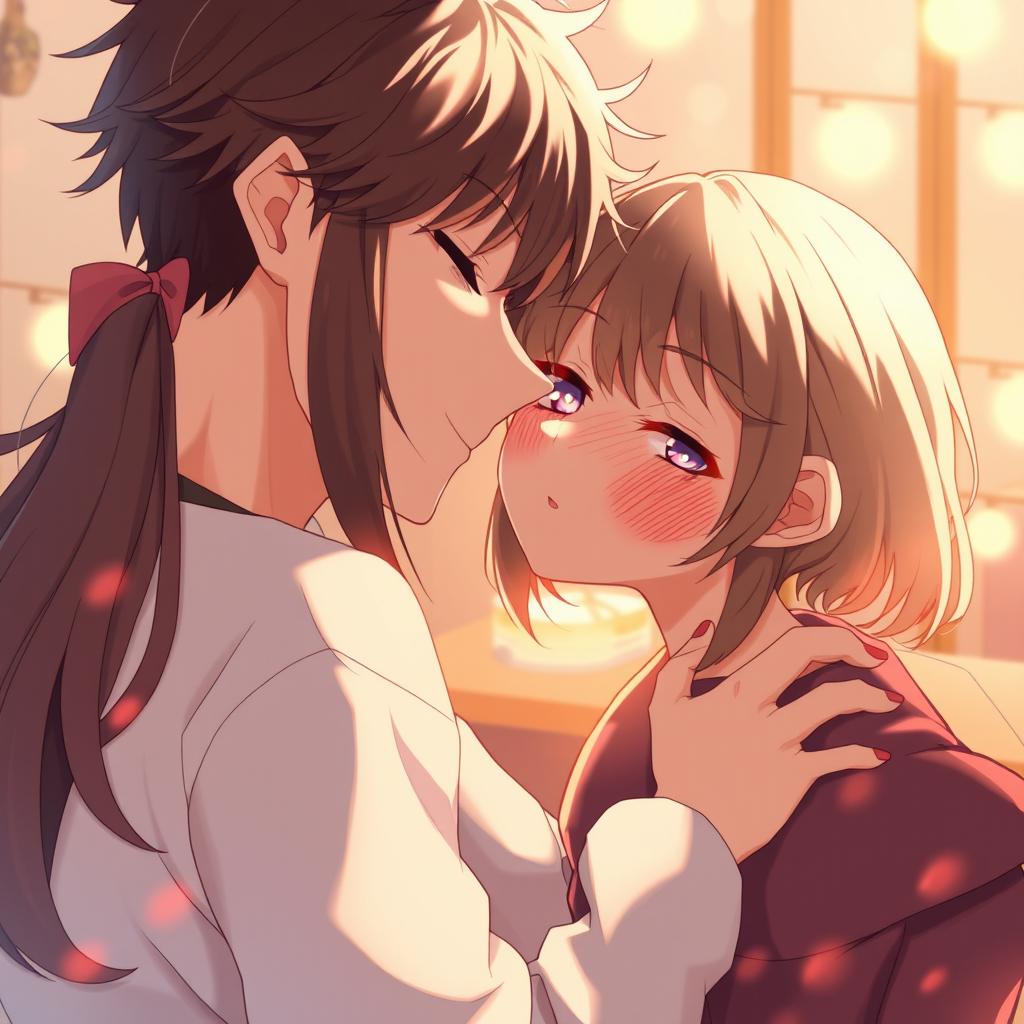 An artistic depiction of an intimate moment between an anime girl and a young man, set in a romantic atmosphere