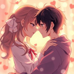 An artistic depiction of an intimate moment between an anime girl and a young man, set in a romantic atmosphere