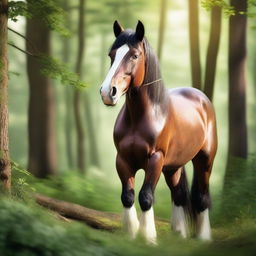 A majestic Clydesdale horse with a shiny unicorn horn coming out of its forehead, standing in a serene forest filled with lush, green foliage.