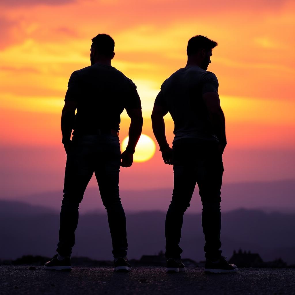 A striking silhouette of two men standing back to back, their shadows elongated on the ground beneath them, highlighting their muscular builds