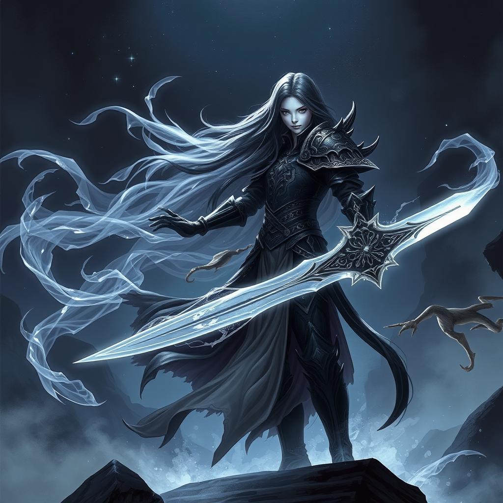 A Shadar-kai warrior, showcasing the Echo Knight subclass, stands confidently in a mystical landscape