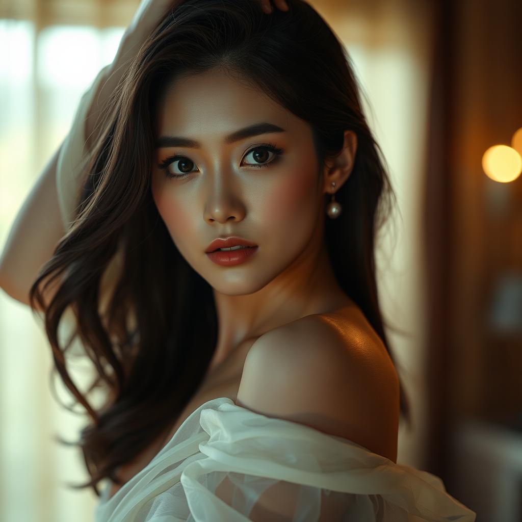 A high-quality artistic representation of a beautiful Korean actress in a dramatic, cinematic setting, featuring soft lighting that enhances her natural beauty