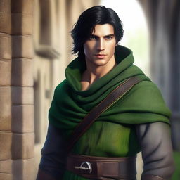 A high-resolution, realistic style digital art image depicting a young man as a medieval thief