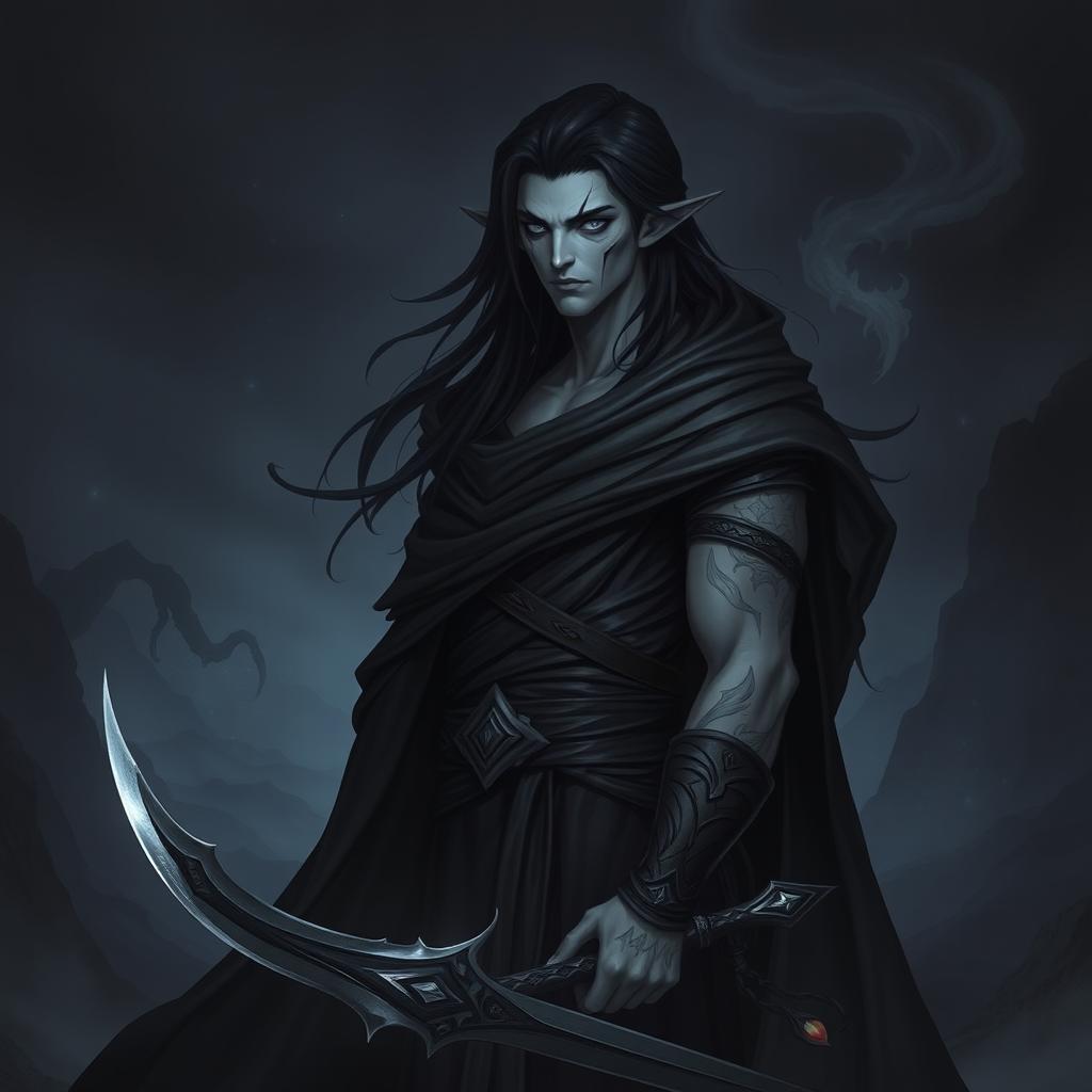 A Shadar-kai character named Fither, a dark and mysterious figure dressed in shadowy robes and armor, reflecting the essence of the Shadowfell