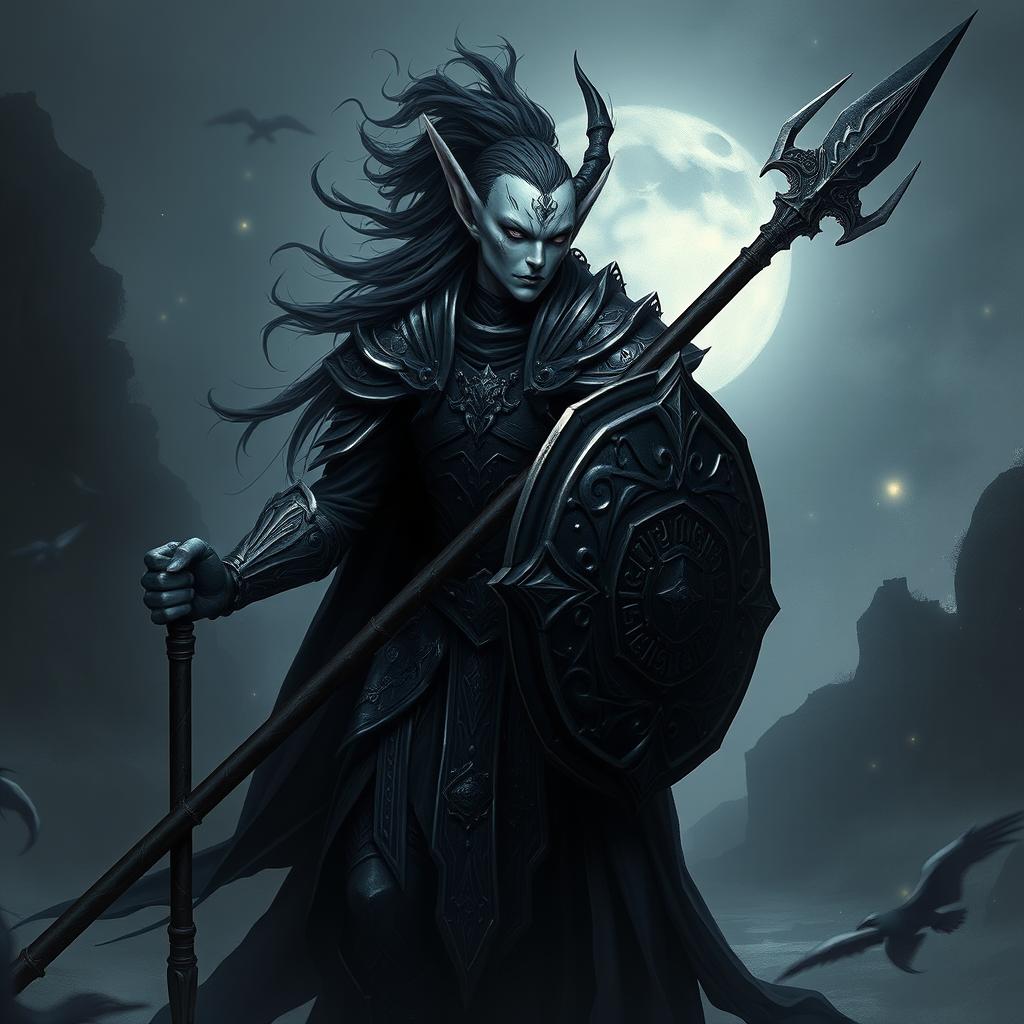 A Shadar-kai character named Fither, depicted as a formidable warrior wielding a spear and a shield, embodying the essence of the Shadowfell