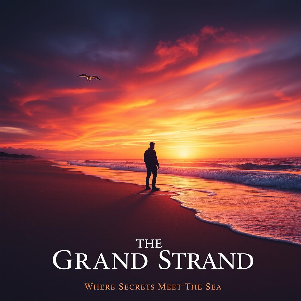 A dramatic and captivating movie poster for the film "The Grand Strand" featuring a picturesque beach landscape at sunset with vibrant orange and purple hues in the sky