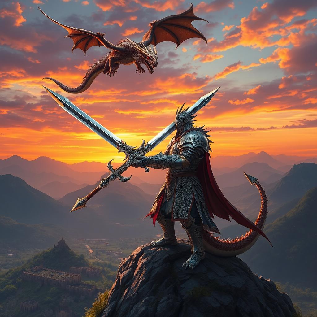 A powerful dragon knight standing valiantly on a mountain peak, clad in intricate armor adorned with dragon scales and motifs