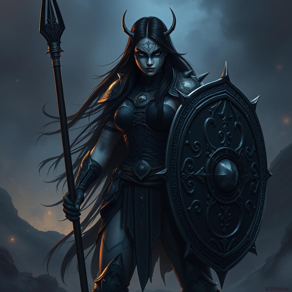 A fierce female Shadar-kai warrior adorned with striking war paint, standing tall and ready for battle