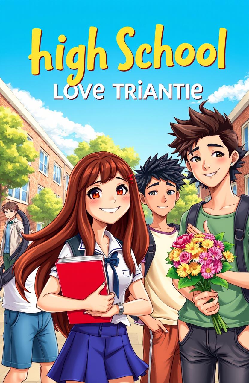 A vibrant and colorful 2D illustration for a book cover depicting a high school love triangle