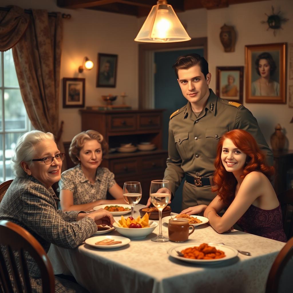 A tall, strong young Brazilian military man with brown hair, dressed in a 1940s military uniform, enjoying dinner with his mother and sister in a quaint, cozy dining room