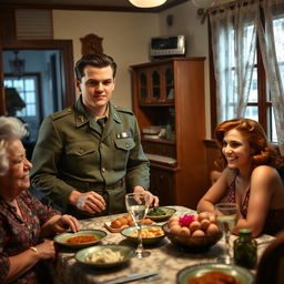 A tall, strong young Brazilian military man with brown hair, dressed in a 1940s military uniform, enjoying dinner with his mother and sister in a quaint, cozy dining room