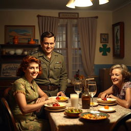 A tall, strong young Brazilian military man with brown hair, dressed in a 1940s military uniform, enjoying dinner with his mother and sister in a quaint, cozy dining room