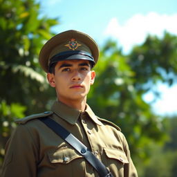 A young Brazilian military man in a classic uniform, capturing the essence of bravery and pride