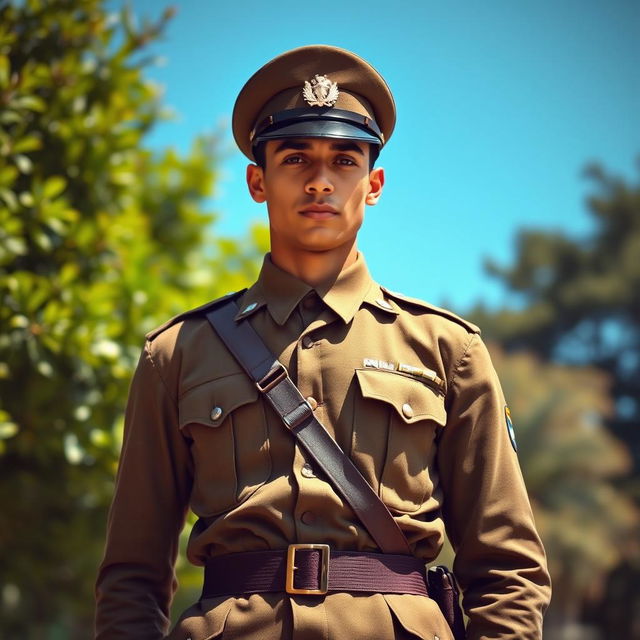 A young Brazilian military man in a classic uniform, capturing the essence of bravery and pride