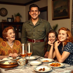 A tall, strong young Brazilian military man in 1940s attire, joyfully having dinner in a cozy home setting with his mother and younger sister