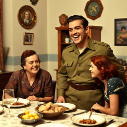 A tall, strong young Brazilian military man in 1940s attire, joyfully having dinner in a cozy home setting with his mother and younger sister