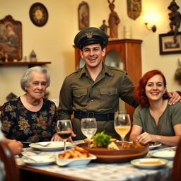 A tall, strong young Brazilian military man in 1940s attire, joyfully having dinner in a cozy home setting with his mother and younger sister