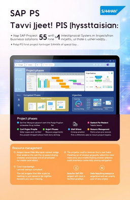 An informative illustration explaining SAP PS (Project System) for S/4HANA, depicting a digital Project Management interface with various project phases illustrated on a sleek and modern user interface