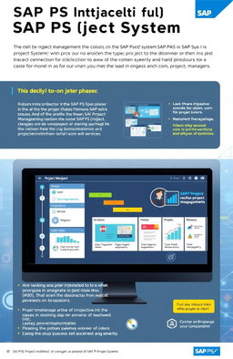 An informative illustration explaining SAP PS (Project System) for S/4HANA, depicting a digital Project Management interface with various project phases illustrated on a sleek and modern user interface