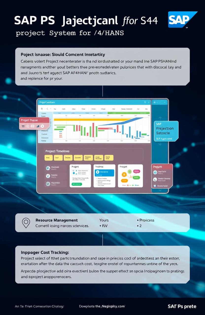 An informative illustration explaining SAP PS (Project System) for S/4HANA, depicting a digital Project Management interface with various project phases illustrated on a sleek and modern user interface