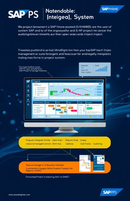 An informative illustration explaining SAP PS (Project System) for S/4HANA, depicting a digital Project Management interface with various project phases illustrated on a sleek and modern user interface