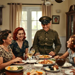 A tall, strong young Brazilian military man in a 1940s uniform, happily dining at the home of his mother and younger sister