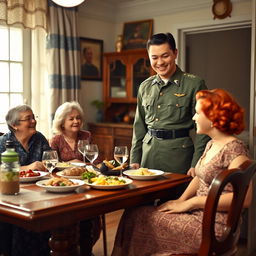 A tall, strong young Brazilian military man in a 1940s uniform, happily dining at the home of his mother and younger sister