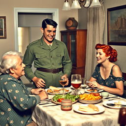 A tall, strong young Brazilian military man in a 1940s uniform, happily dining at the home of his mother and younger sister