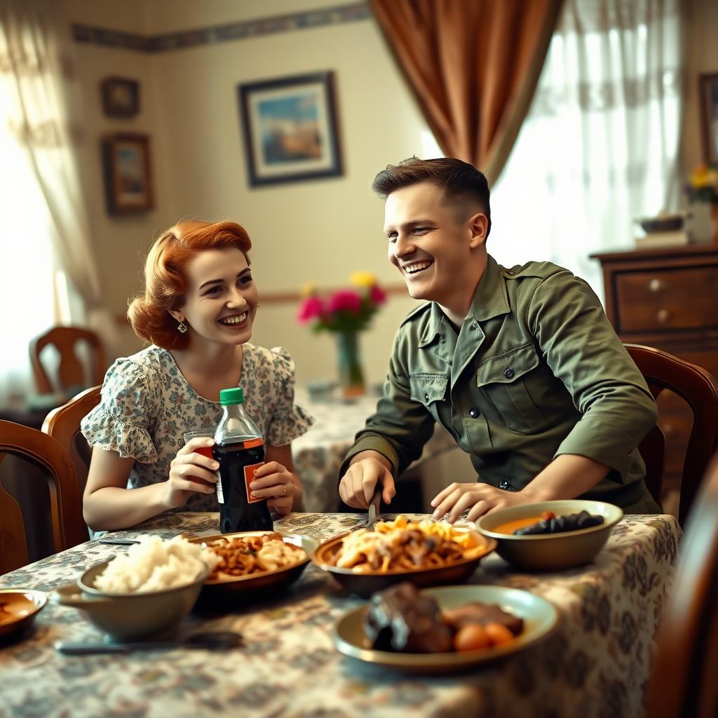 A young, strong Brazilian soldier of the 1940s sitting at a dining table in his mother's cozy home, enjoying dinner