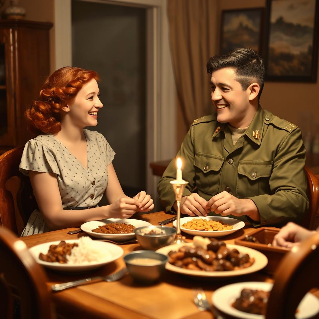 A young, strong Brazilian soldier from the 1940s dining at his mother's home, enjoying a warm meal with his lively young red-haired girlfriend